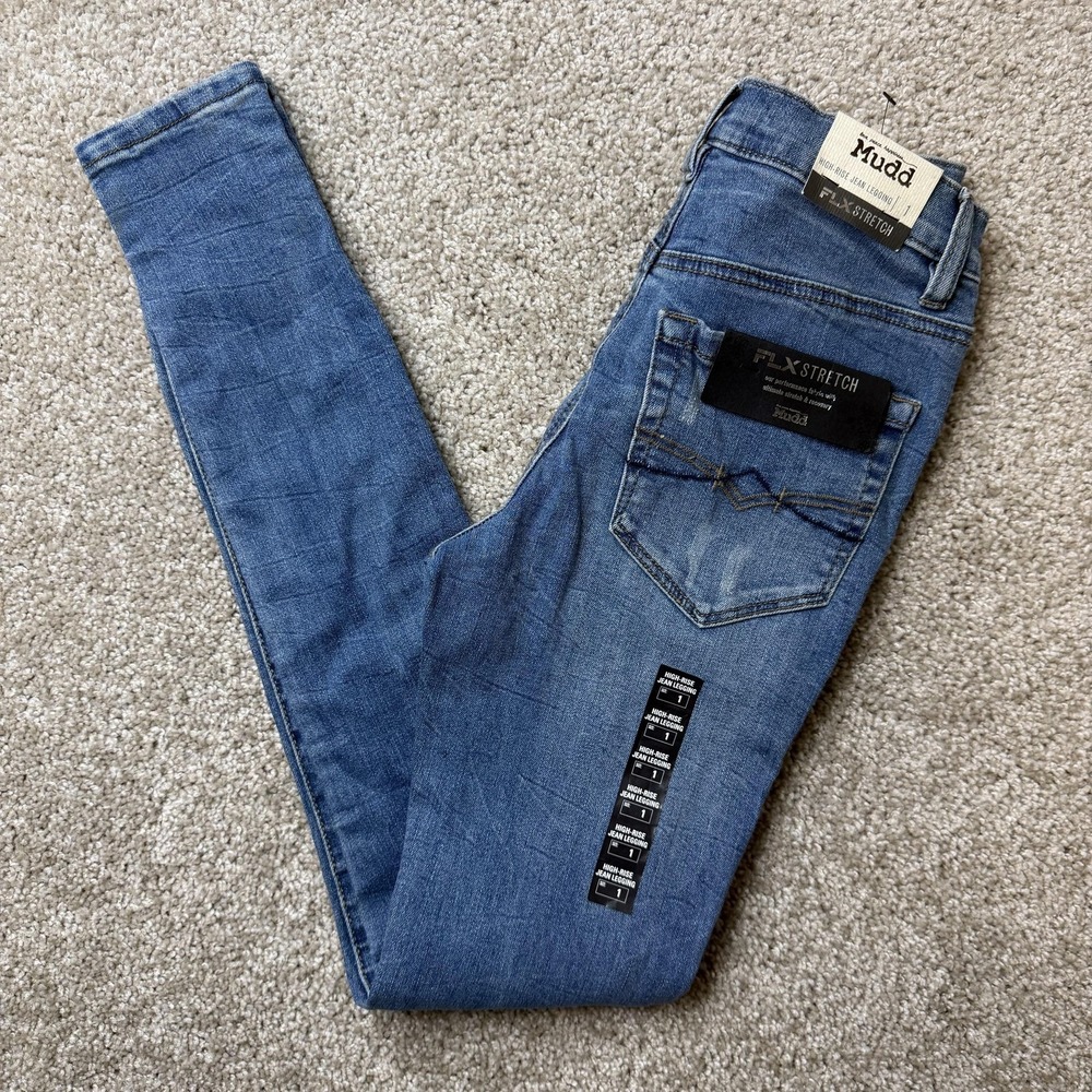Mudd High Rise Jegging Jeans Juniors 1 Medium Wash Blue Distressed Stretch
